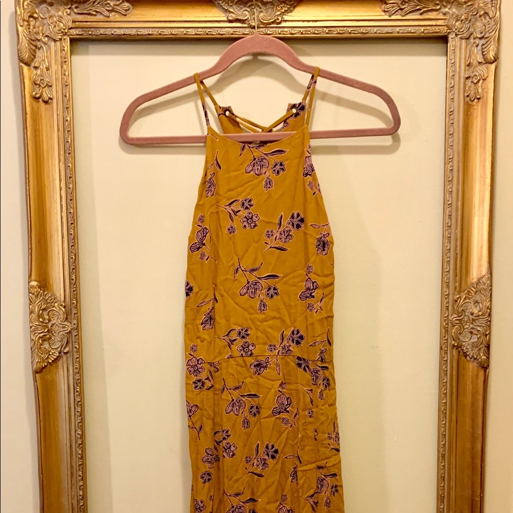 mustard yellow dress with purple and pink flowers
